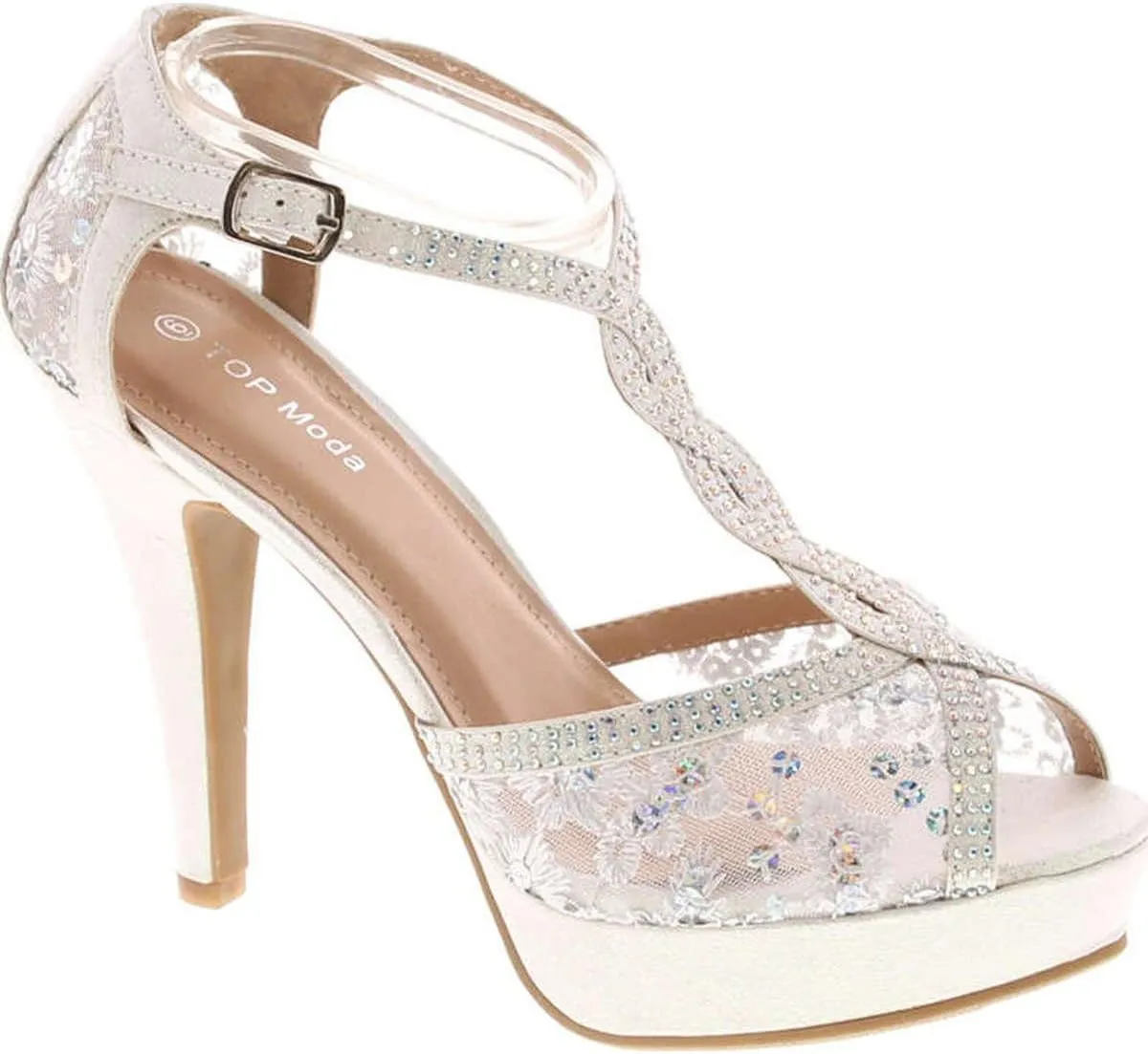 Hy-5 Formal Evening Party Lace Ankle T-Strap Peep Toe Stiletto High Heel Pumps