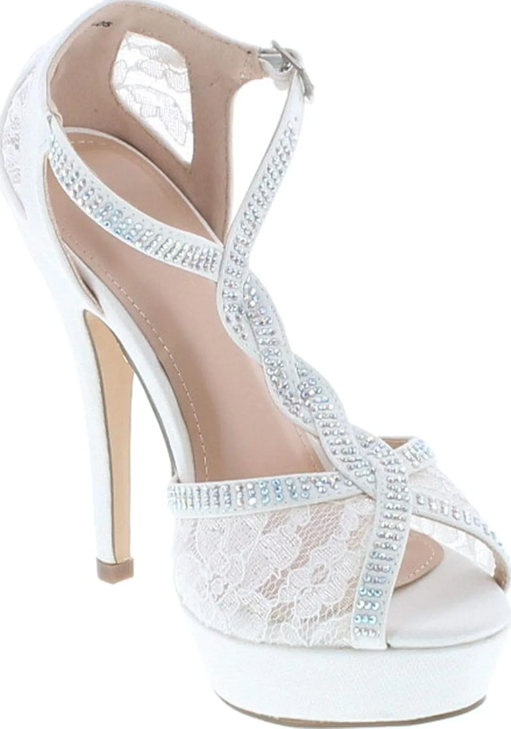 Hy-5 Formal Evening Party Lace Ankle T-Strap Peep Toe Stiletto High Heel Pumps