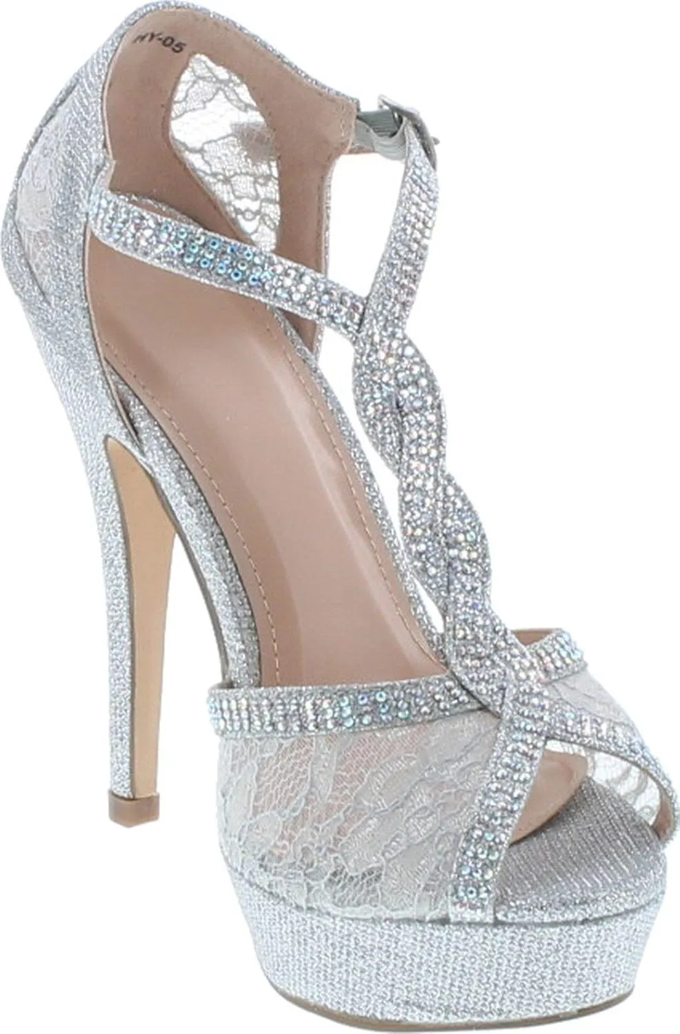 Hy-5 Formal Evening Party Lace Ankle T-Strap Peep Toe Stiletto High Heel Pumps