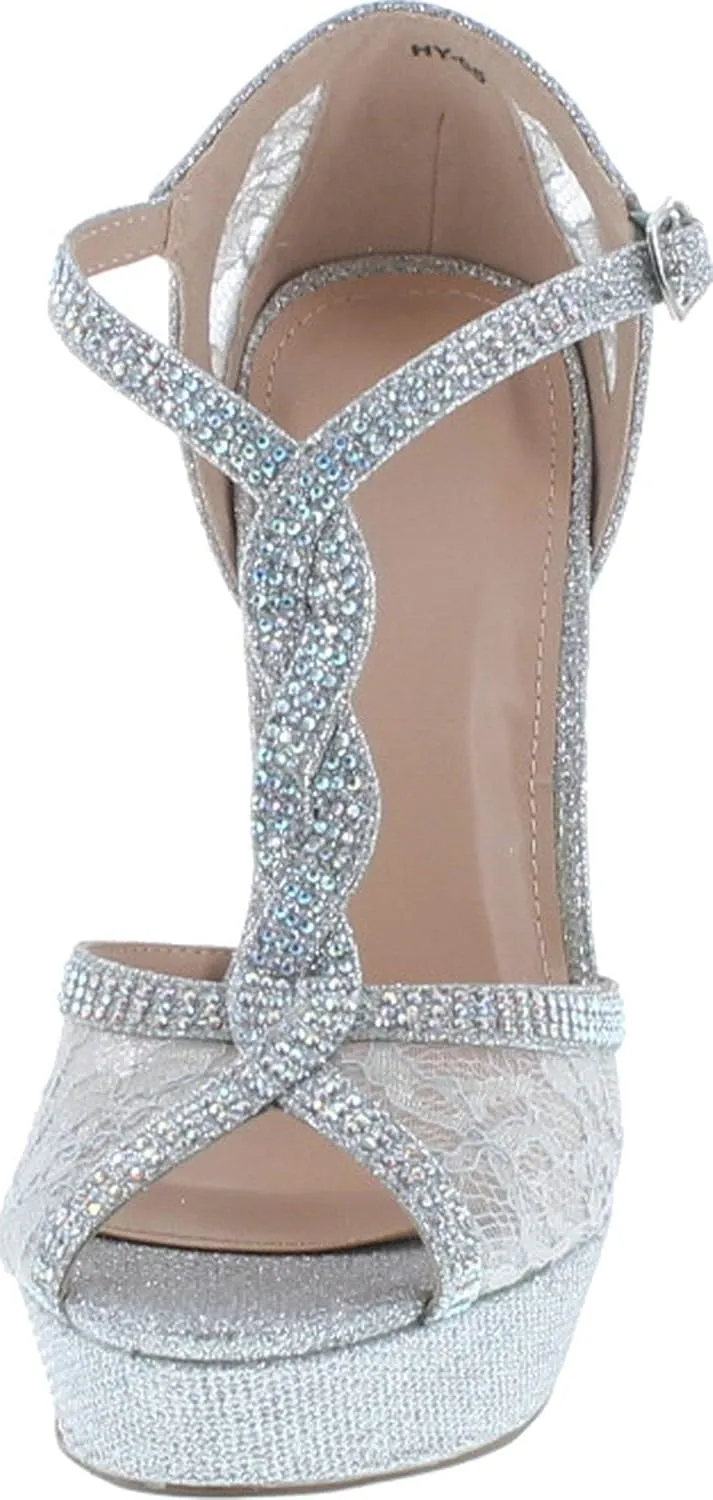 Hy-5 Formal Evening Party Lace Ankle T-Strap Peep Toe Stiletto High Heel Pumps