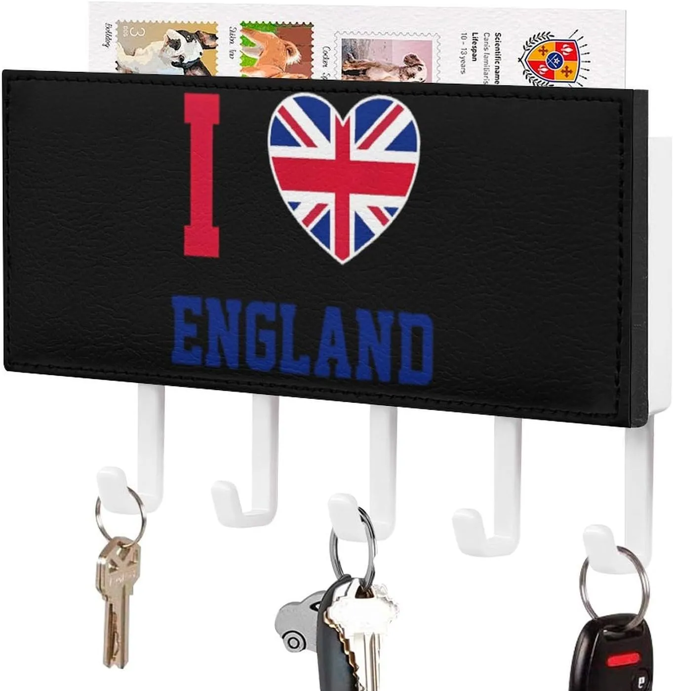 I Love Britain United Kingdom England Novelty Key Holder Printed Keys Hook Mail Organizer Hanging Rack Decor with 5 Hooks for Wall