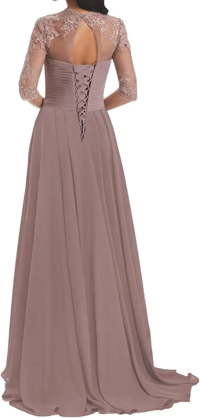 ISABUFEI Mother of The Bride Dresses with Sleeves Long Formal Evening Dress Lace Appliques Wedding Guest Dresses for Women
