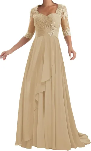 ISABUFEI Mother of The Bride Dresses with Sleeves Long Formal Evening Dress Lace Appliques Wedding Guest Dresses for Women