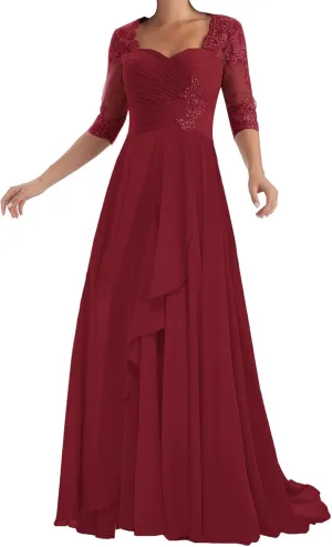 ISABUFEI Mother of The Bride Dresses with Sleeves Long Formal Evening Dress Lace Appliques Wedding Guest Dresses for Women