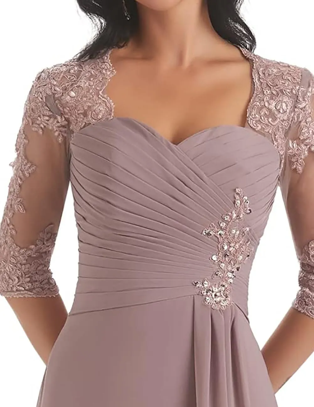 ISABUFEI Mother of The Bride Dresses with Sleeves Long Formal Evening Dress Lace Appliques Wedding Guest Dresses for Women