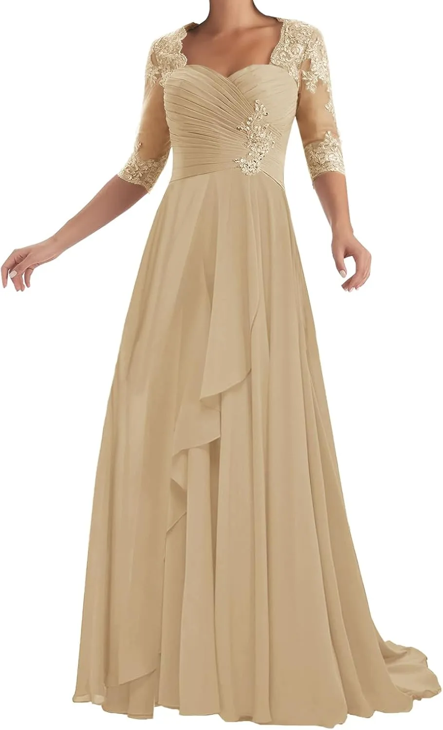 ISABUFEI Mother of The Bride Dresses with Sleeves Long Formal Evening Dress Lace Appliques Wedding Guest Dresses for Women