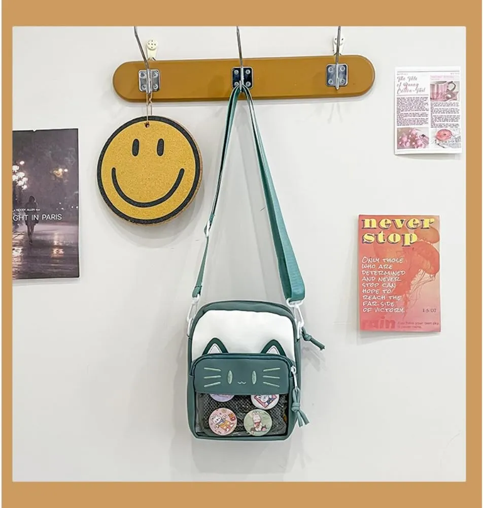 Ita Bag Ita Backpack Small Single Shoulder Bag Crossbody Bag Cute Embroidered Cat Handbag and Purse (Green)