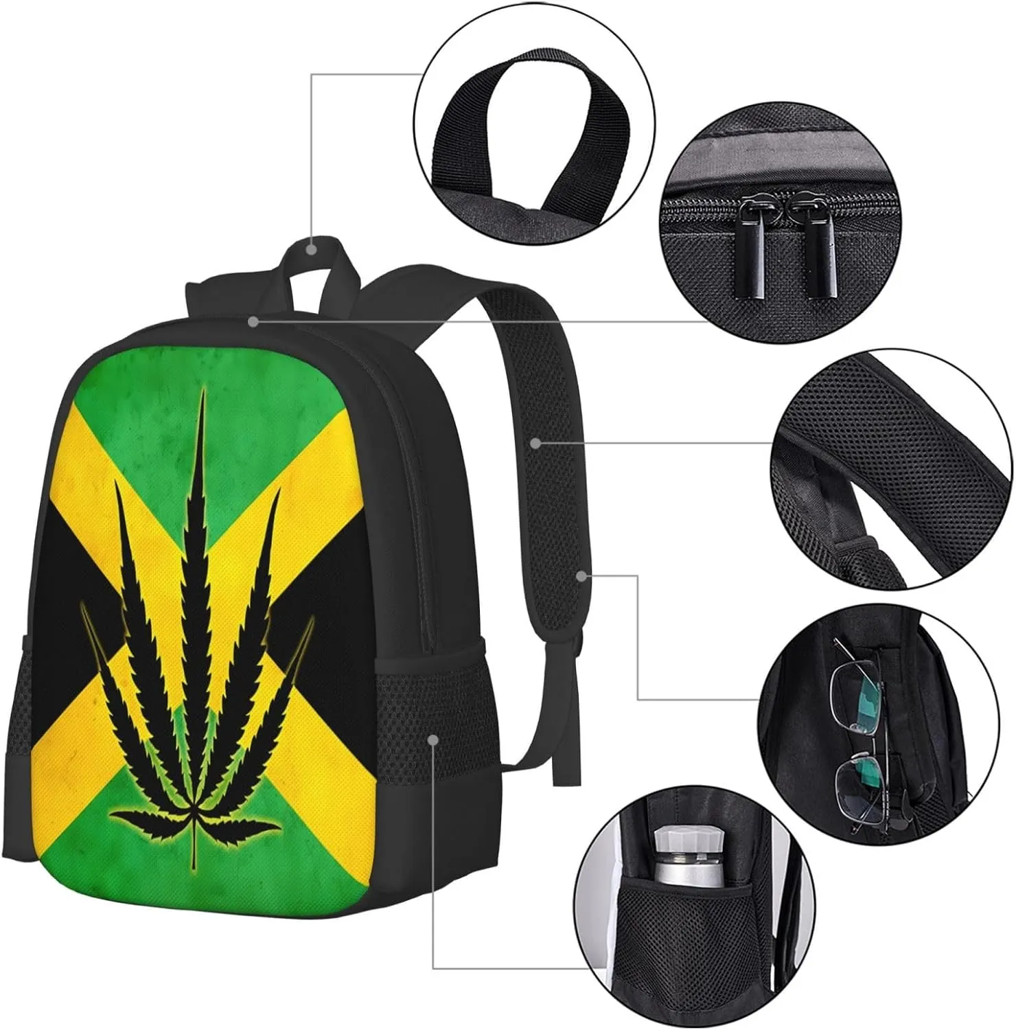 Jamaican Flag With Leaf Casual Backpacks Large Capacity Backpack Laptop Rucksack Sport Daypack Commuter Bags with Adjustable Strap for Traveling Camping