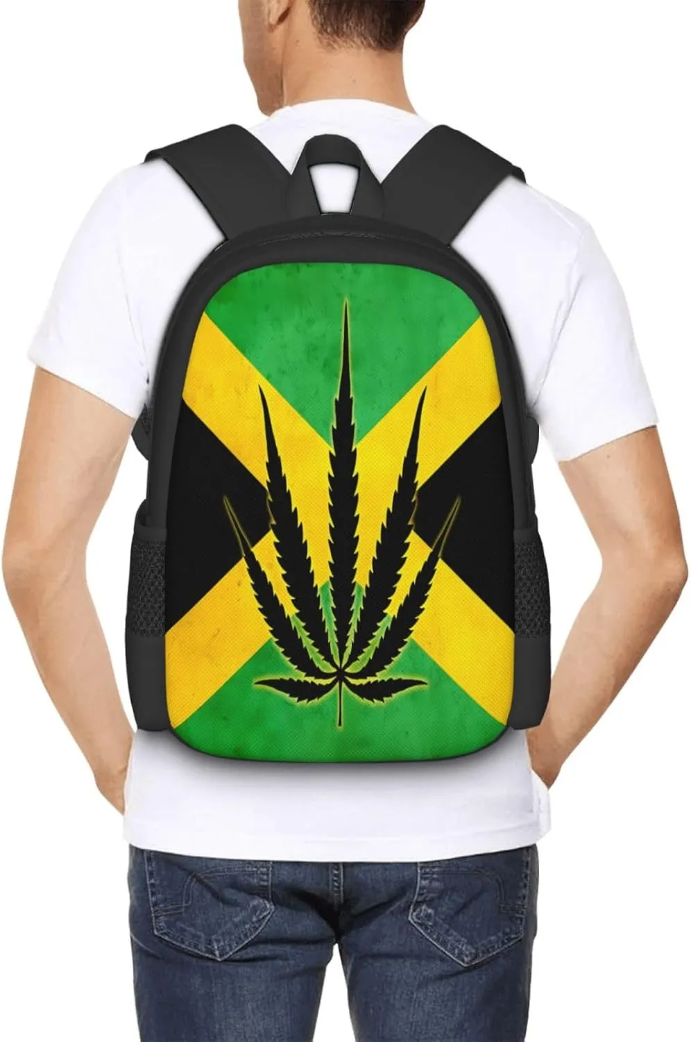 Jamaican Flag With Leaf Casual Backpacks Large Capacity Backpack Laptop Rucksack Sport Daypack Commuter Bags with Adjustable Strap for Traveling Camping