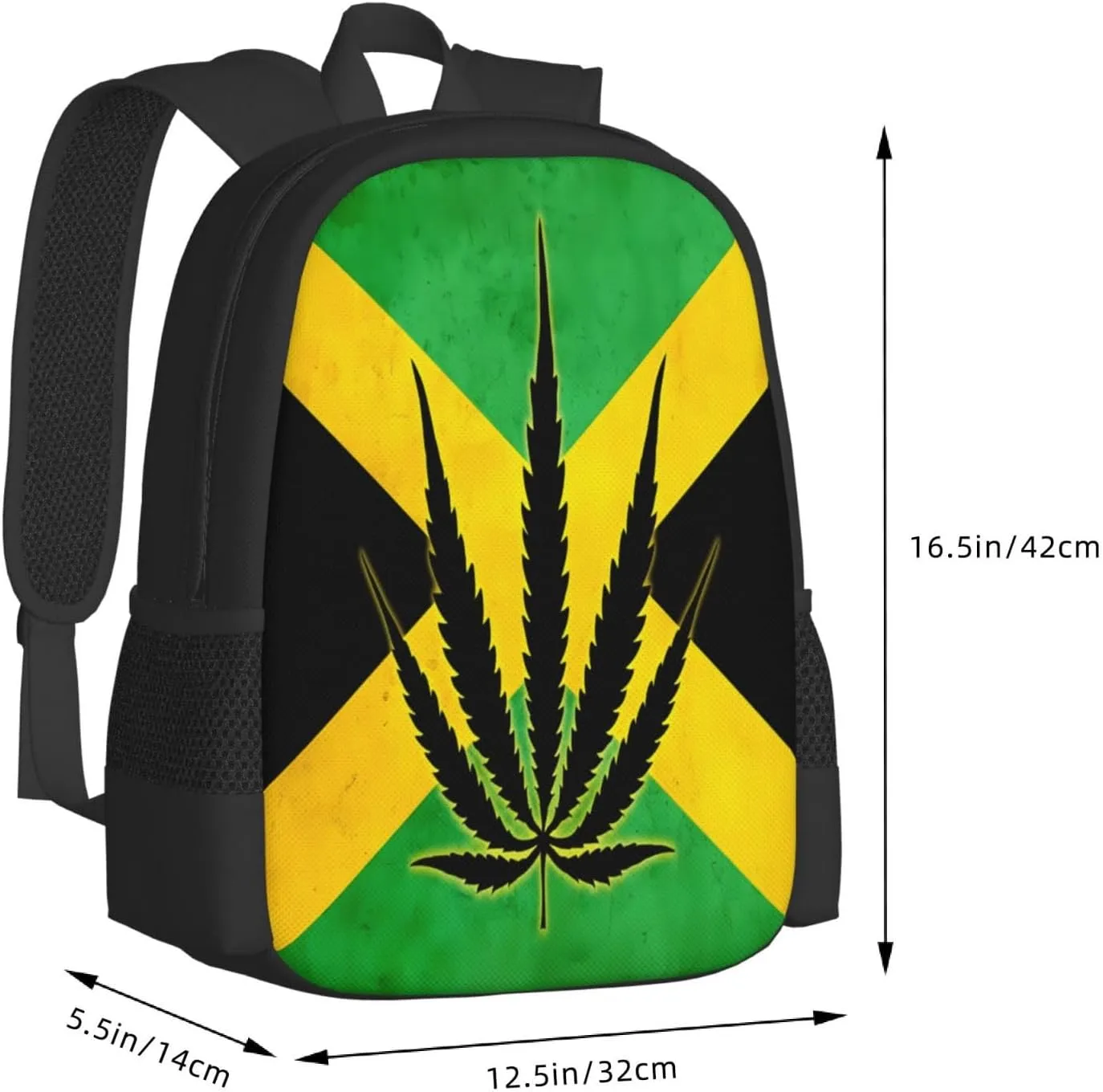 Jamaican Flag With Leaf Casual Backpacks Large Capacity Backpack Laptop Rucksack Sport Daypack Commuter Bags with Adjustable Strap for Traveling Camping