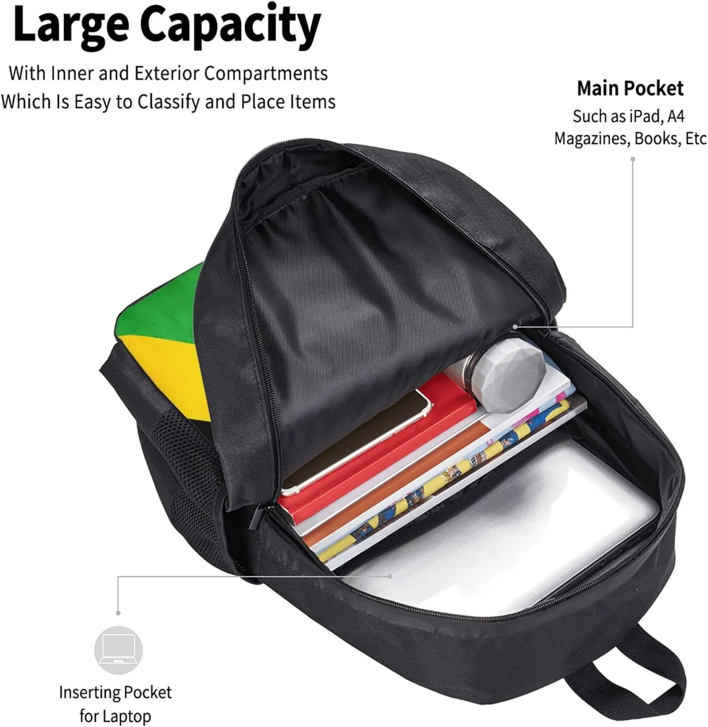 Jamaican Flag With Leaf Casual Backpacks Large Capacity Backpack Laptop Rucksack Sport Daypack Commuter Bags with Adjustable Strap for Traveling Camping