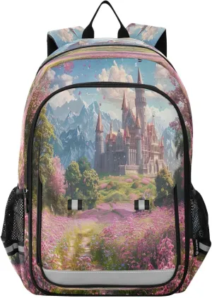 Joisal Fantasy Castle and Meadow Full of Flowers Backpacks for Teens for Girls Boys Lightweight Aesthetic Backpack