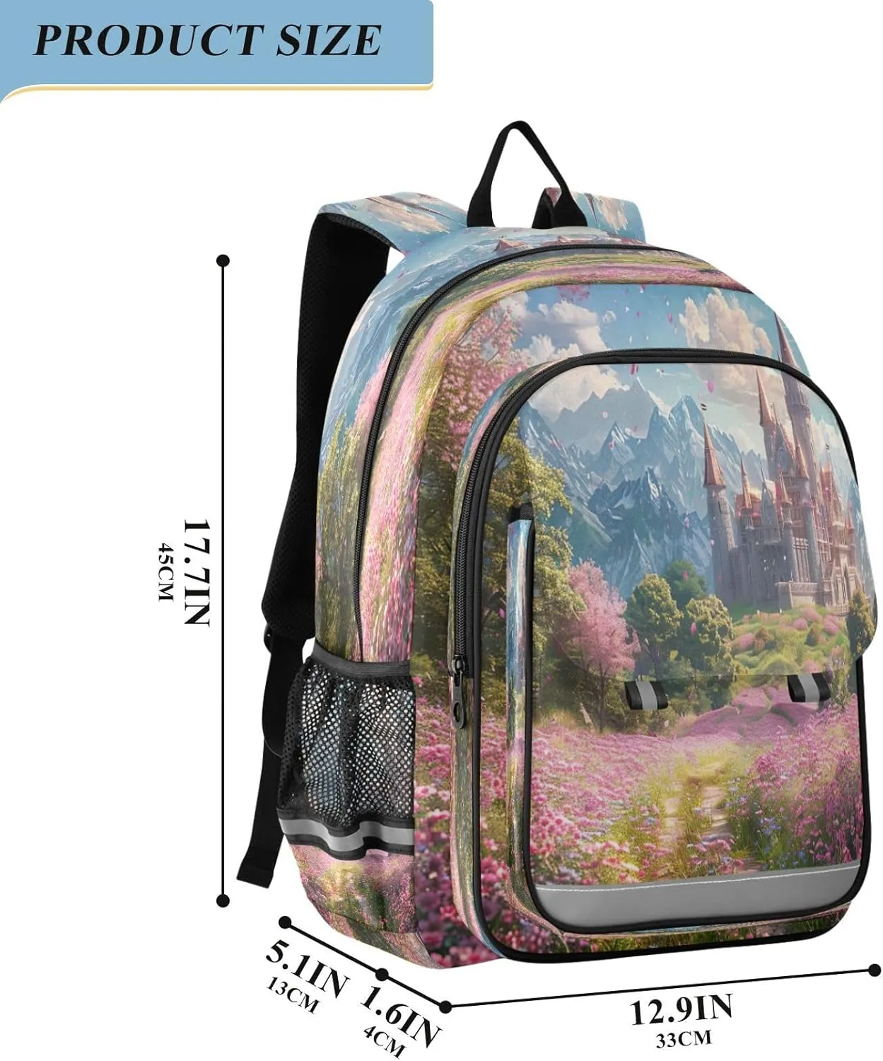 Joisal Fantasy Castle and Meadow Full of Flowers Backpacks for Teens for Girls Boys Lightweight Aesthetic Backpack