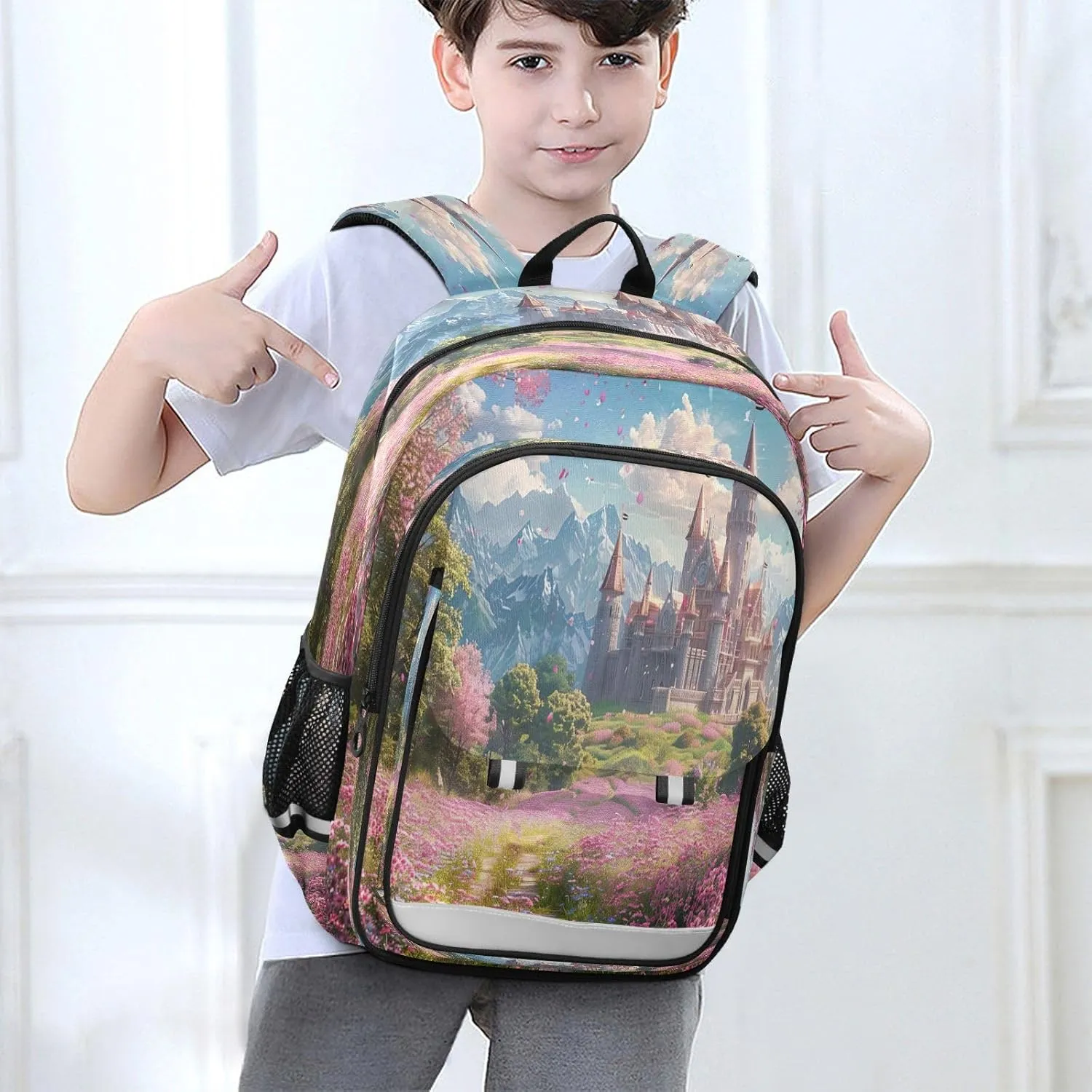 Joisal Fantasy Castle and Meadow Full of Flowers Backpacks for Teens for Girls Boys Lightweight Aesthetic Backpack
