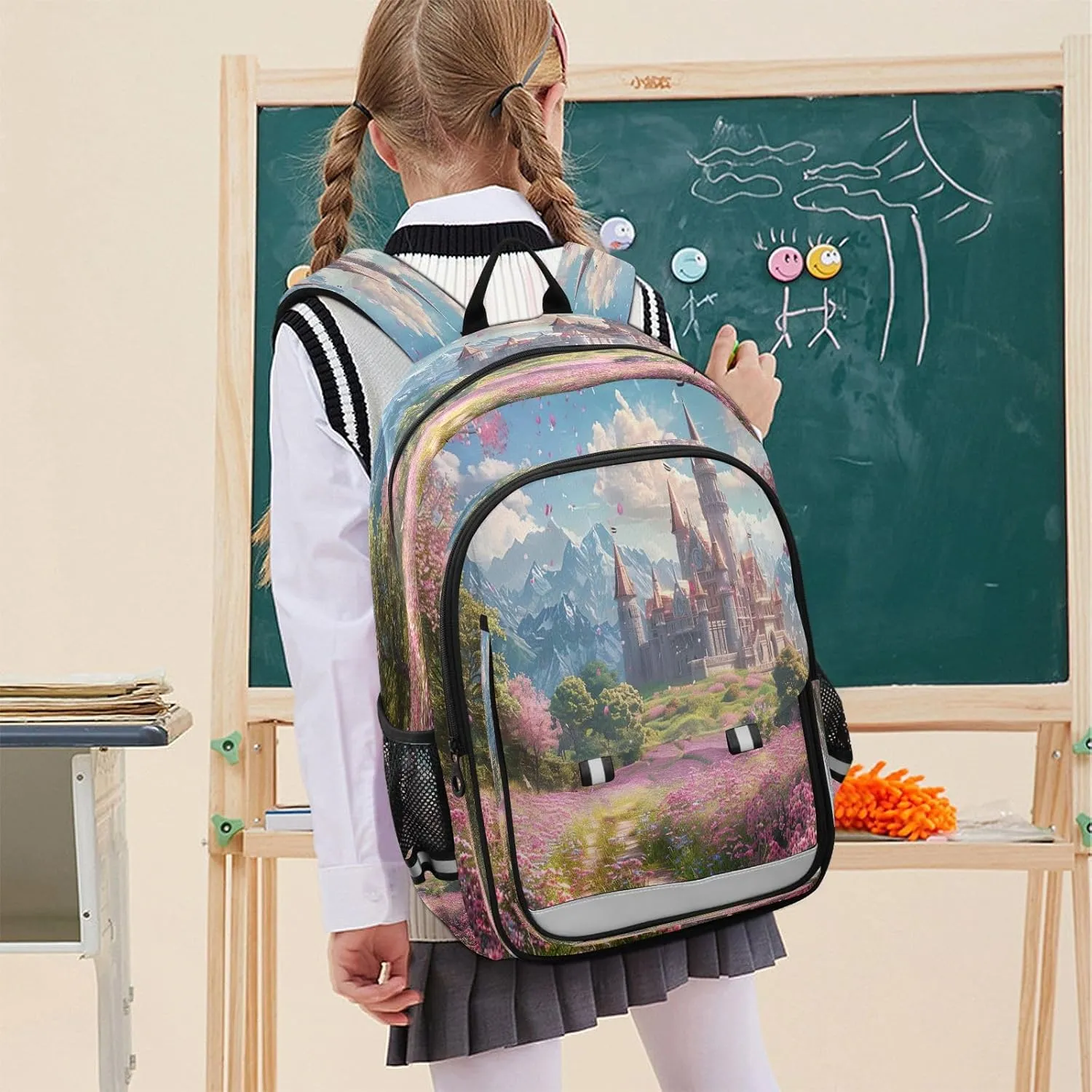 Joisal Fantasy Castle and Meadow Full of Flowers Backpacks for Teens for Girls Boys Lightweight Aesthetic Backpack