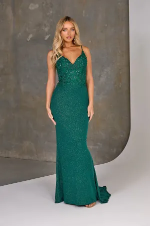 Joselyn | Emerald Lace Up Fitted Glitter Formal Gown with Appliqué Bodice V-Neckline and Small Train | TANIA OLSEN DESIGNS