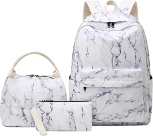 Joyfulife Marble Backpack for Girls Kids School Backpack Student Bookbags Teens Girls Backpack with Lunch Box and Pencil Bag
