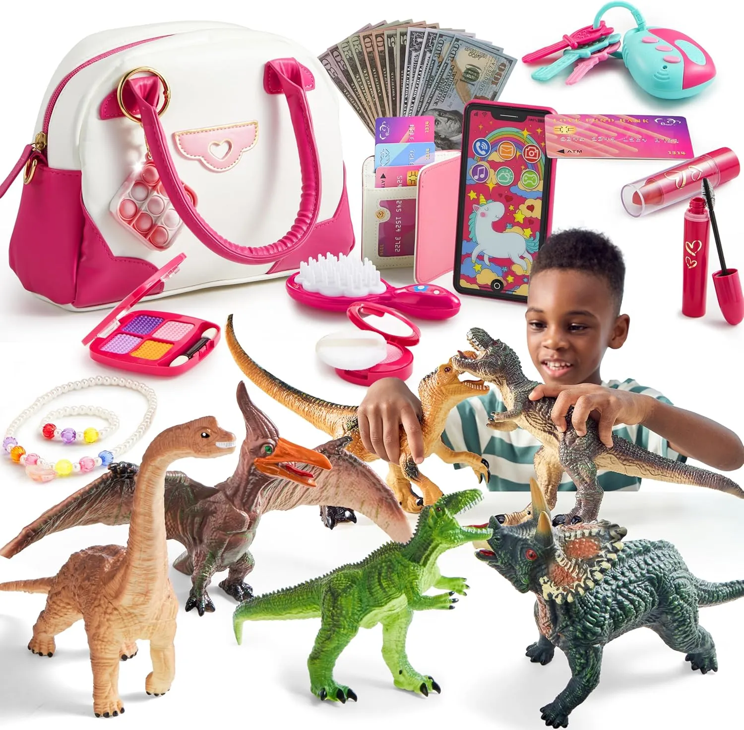 JOYIN Big Dinosaur Toys and SYNCFUN Pretend Play Purse Set, 6 Piece Large Soft Dinosaur Figures with an Educational Book, Realistic Dinosaur Toys for Kids, 27PCS Princess Toy Set with Handbags, Makeup