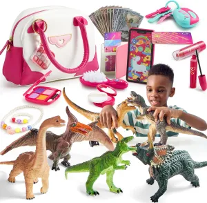 JOYIN Big Dinosaur Toys and SYNCFUN Pretend Play Purse Set, 6 Piece Large Soft Dinosaur Figures with an Educational Book, Realistic Dinosaur Toys for Kids, 27PCS Princess Toy Set with Handbags, Makeup
