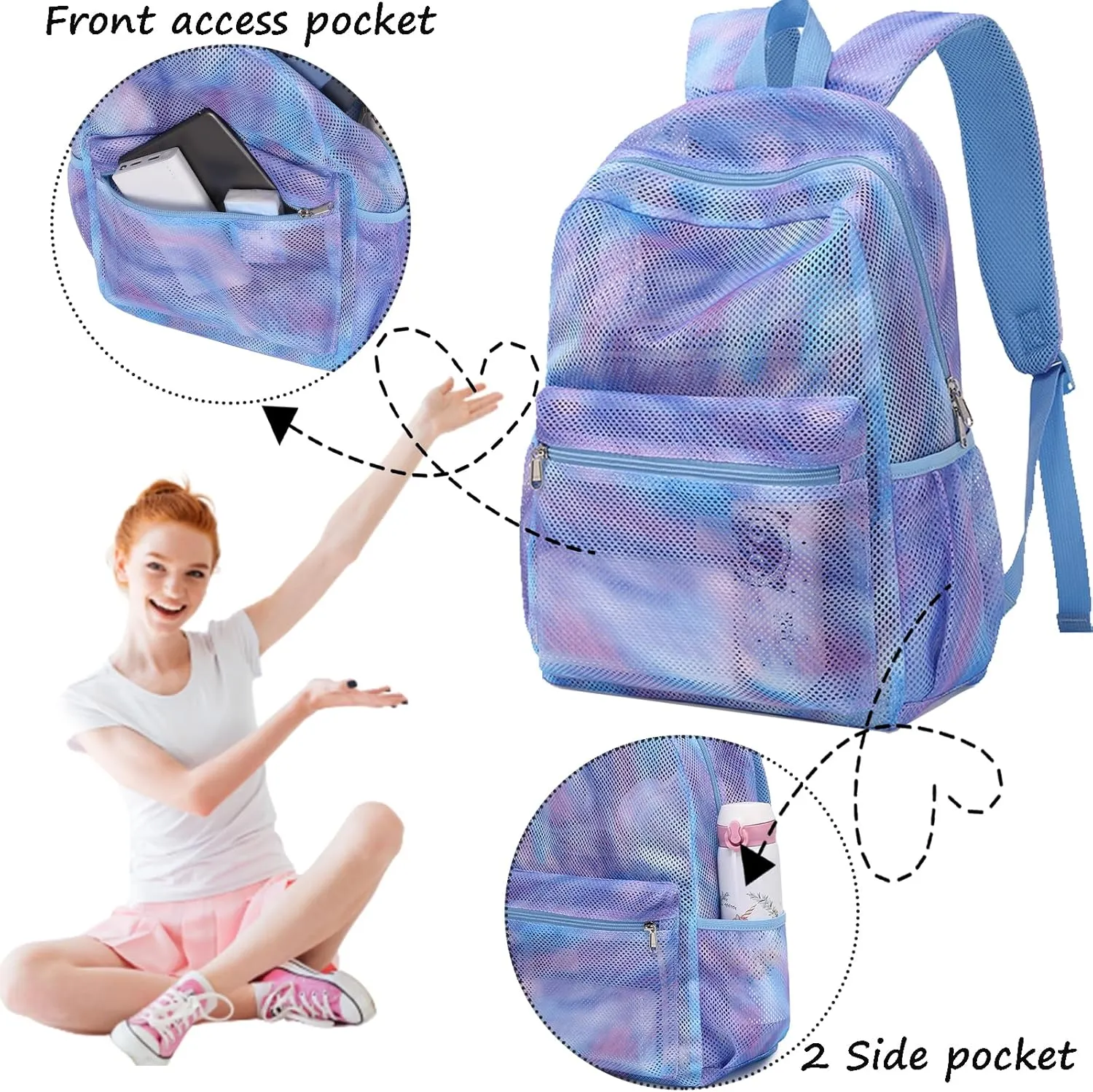 Jumpopack Mesh Backpack for Girls Kids Semi-Transparent Mesh School Backpack Bookbag Lightweight See Through Backpack for Beach Gym Travel,Marble Blue