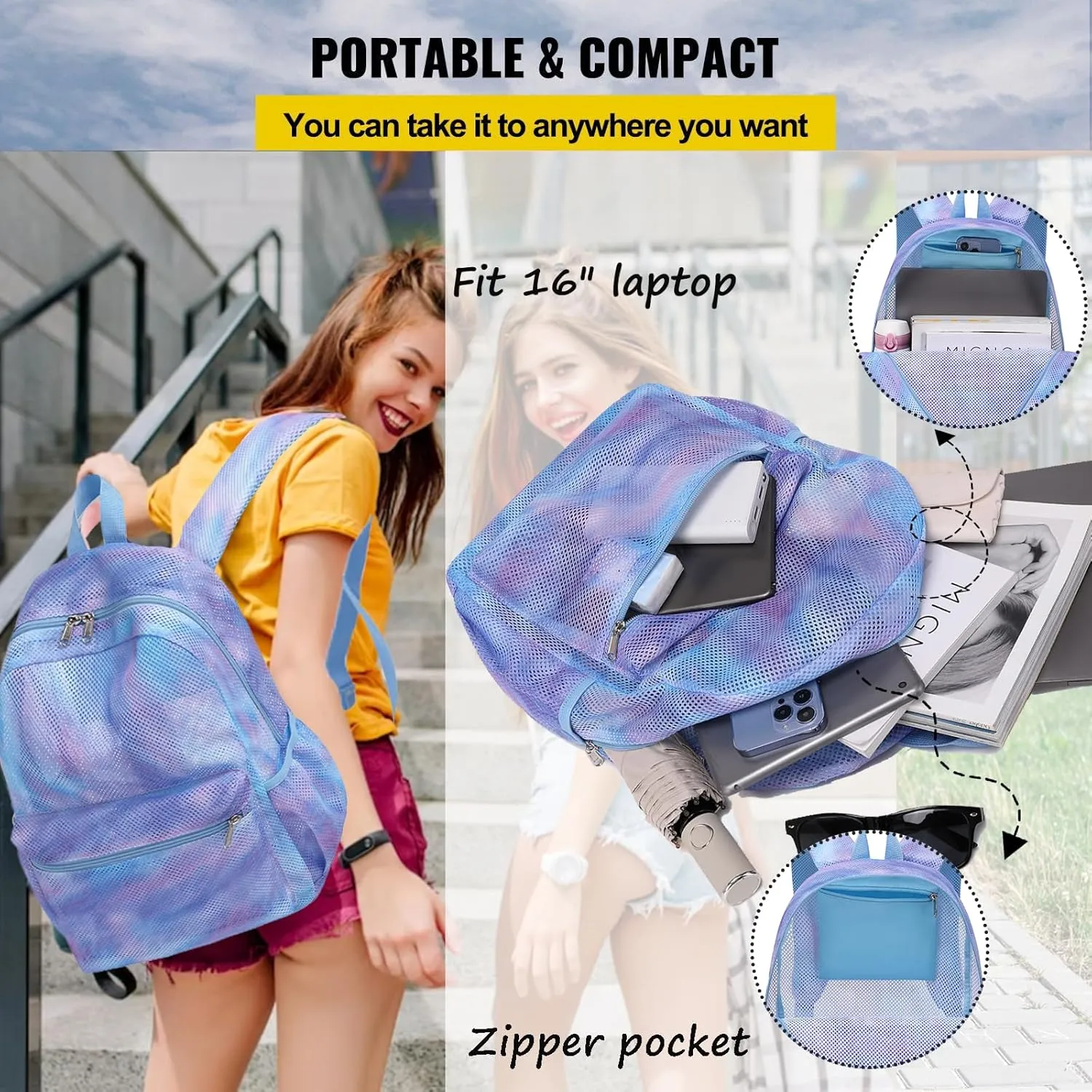 Jumpopack Mesh Backpack for Girls Kids Semi-Transparent Mesh School Backpack Bookbag Lightweight See Through Backpack for Beach Gym Travel,Marble Blue
