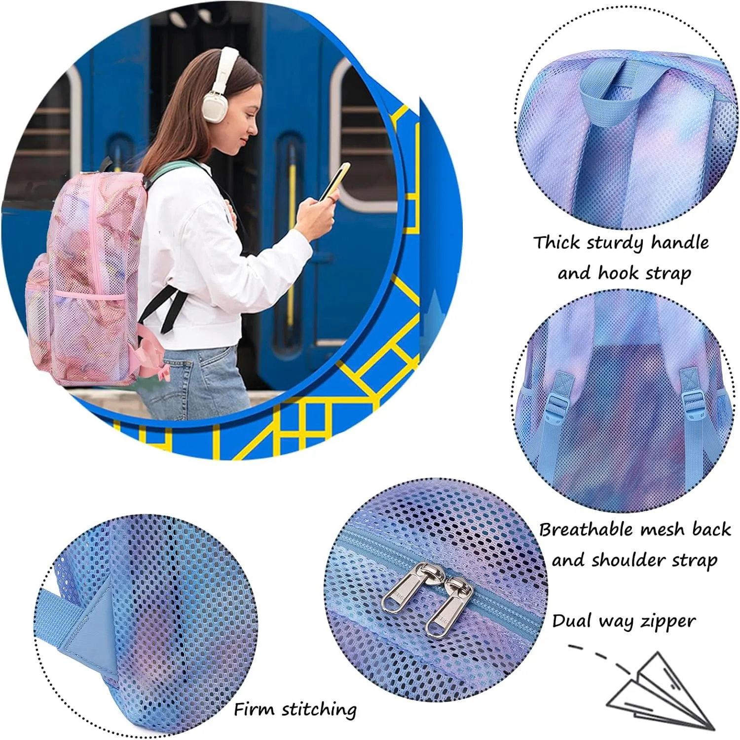 Jumpopack Mesh Backpack for Girls Kids Semi-Transparent Mesh School Backpack Bookbag Lightweight See Through Backpack for Beach Gym Travel,Marble Blue