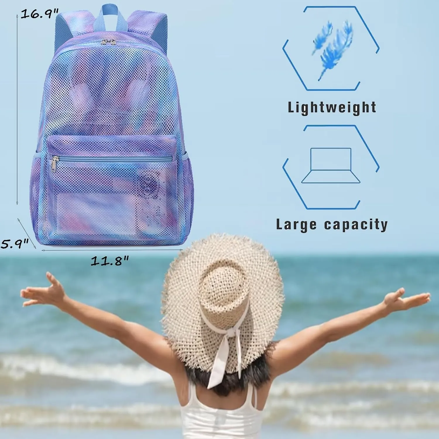 Jumpopack Mesh Backpack for Girls Kids Semi-Transparent Mesh School Backpack Bookbag Lightweight See Through Backpack for Beach Gym Travel,Marble Blue