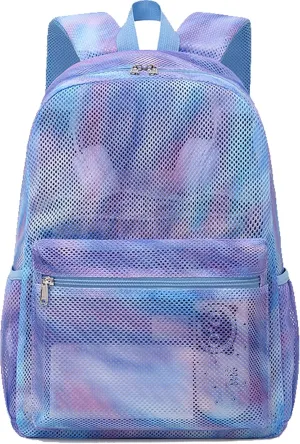 Jumpopack Mesh Backpack for Girls Kids Semi-Transparent Mesh School Backpack Bookbag Lightweight See Through Backpack for Beach Gym Travel,Marble Blue