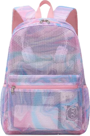Jumpopack Mesh Backpack for Girls Kids Semi-Transparent Mesh School Backpack Bookbag Lightweight See Through Backpack for Beach Gym Travel,Marble Pink
