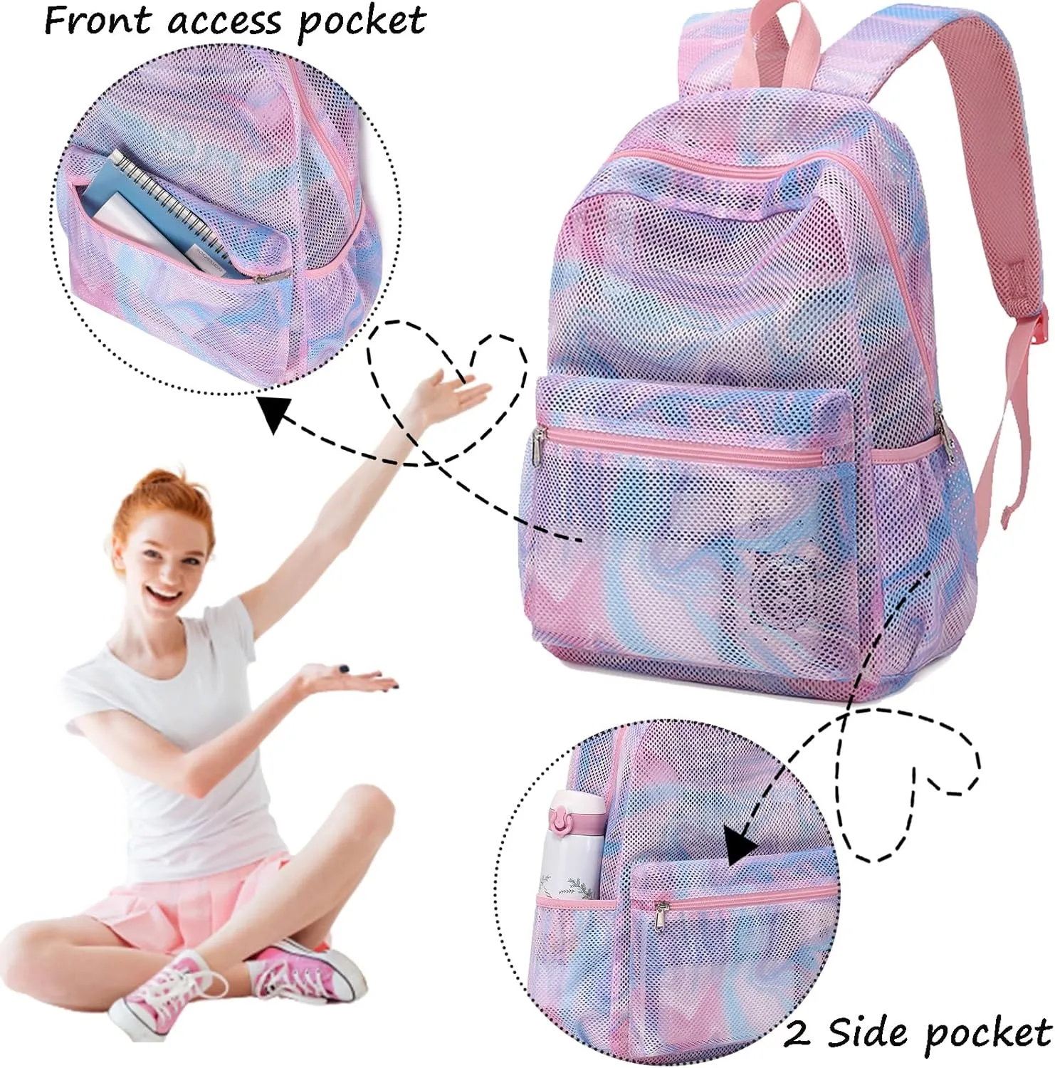 Jumpopack Mesh Backpack for Girls Kids Semi-Transparent Mesh School Backpack Bookbag Lightweight See Through Backpack for Beach Gym Travel,Marble Pink