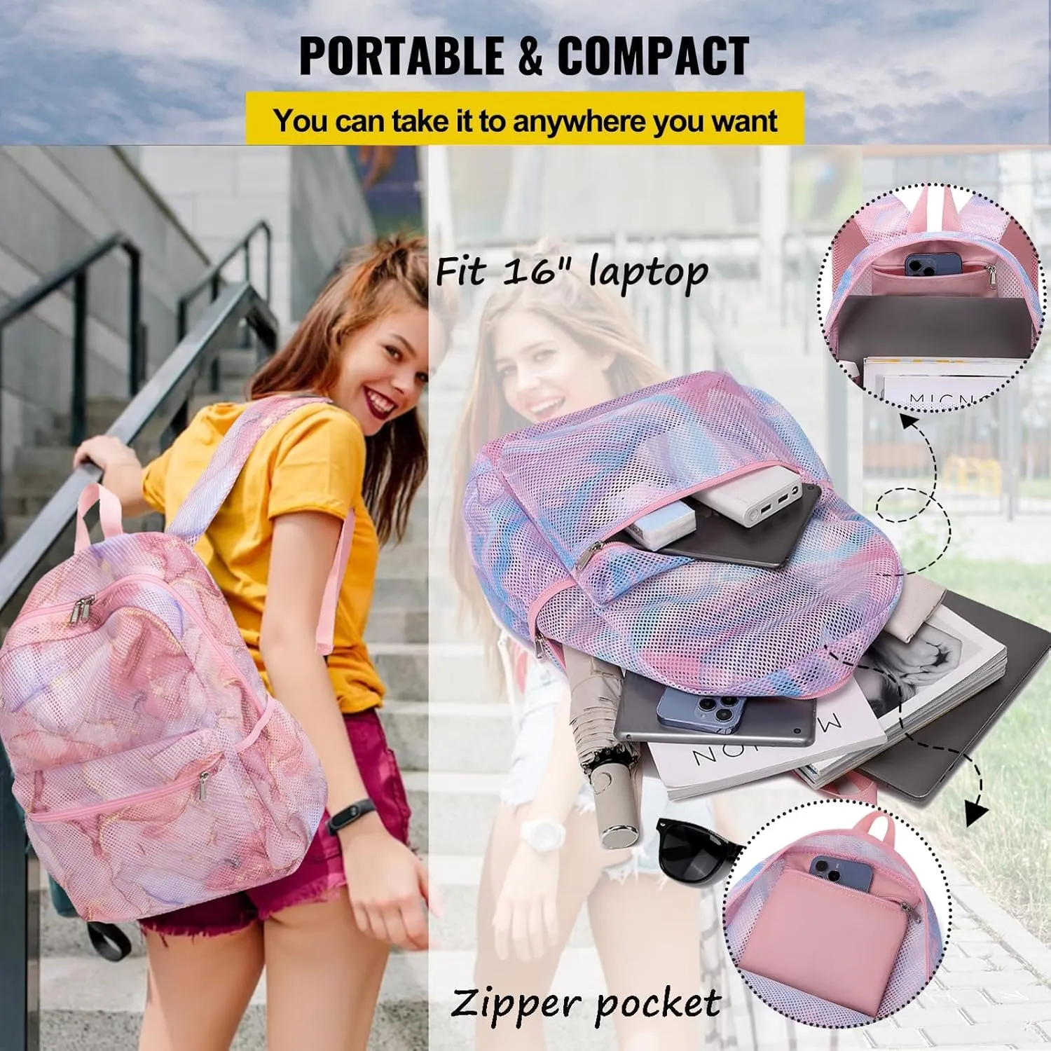 Jumpopack Mesh Backpack for Girls Kids Semi-Transparent Mesh School Backpack Bookbag Lightweight See Through Backpack for Beach Gym Travel,Marble Pink