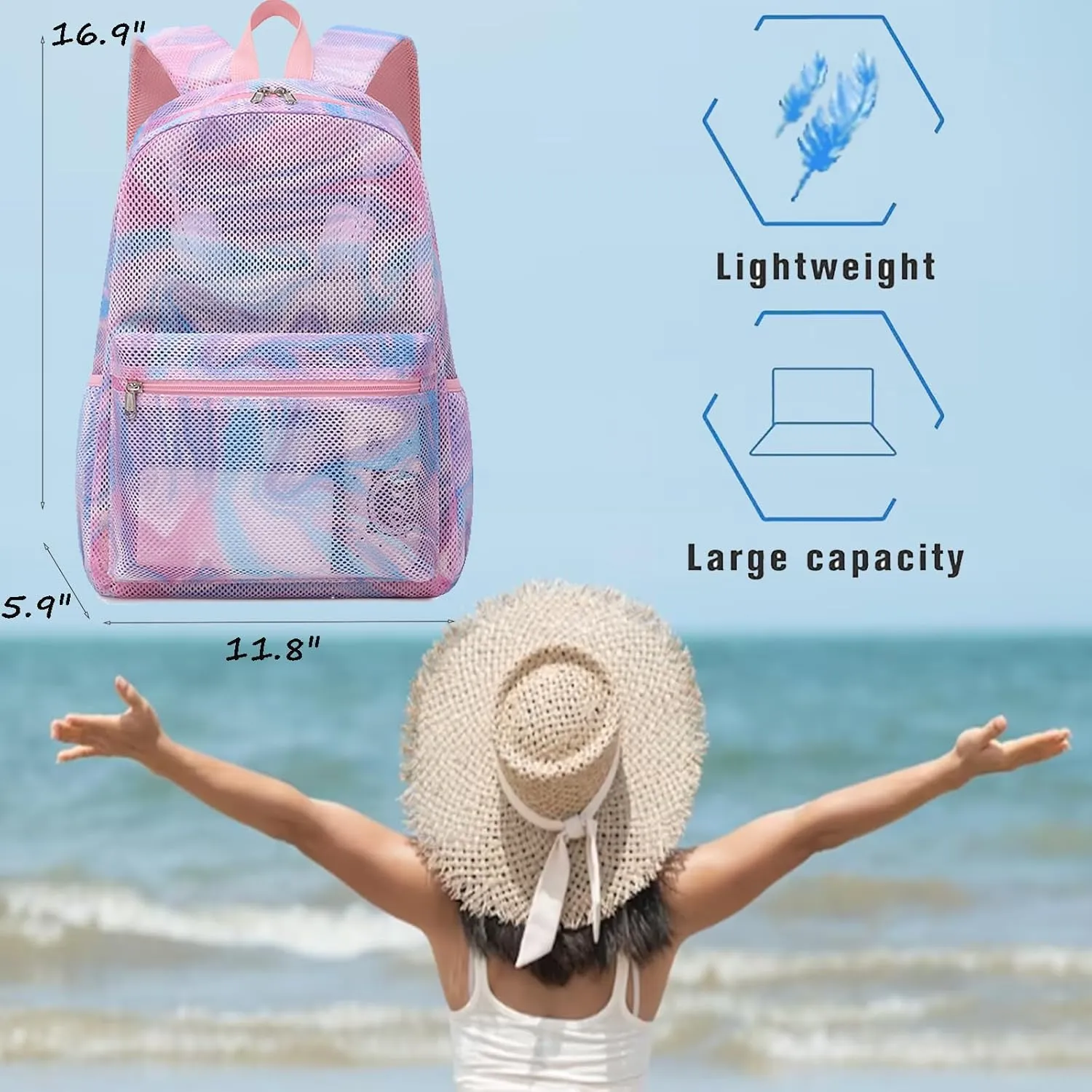Jumpopack Mesh Backpack for Girls Kids Semi-Transparent Mesh School Backpack Bookbag Lightweight See Through Backpack for Beach Gym Travel,Marble Pink
