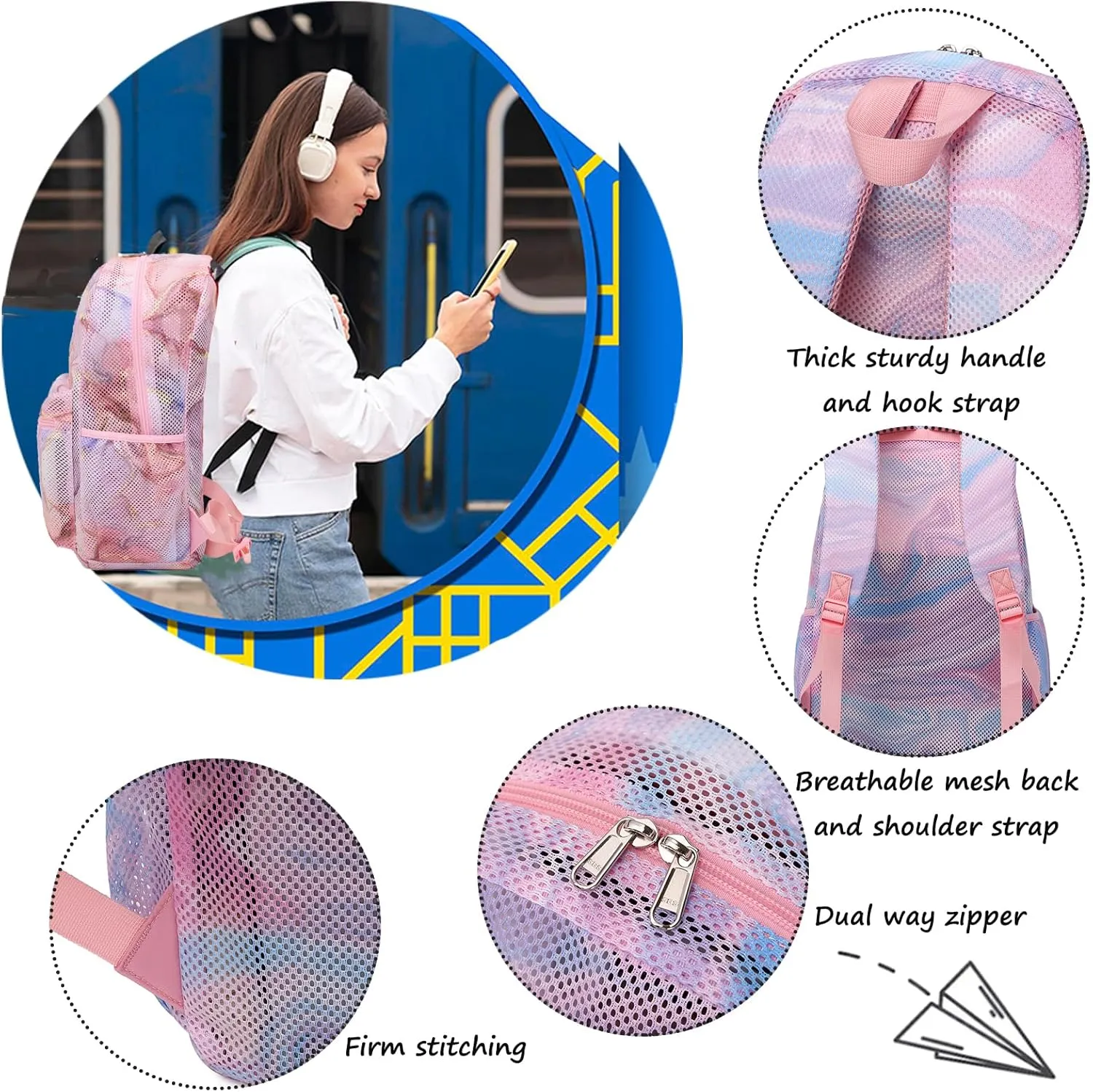 Jumpopack Mesh Backpack for Girls Kids Semi-Transparent Mesh School Backpack Bookbag Lightweight See Through Backpack for Beach Gym Travel,Marble Pink