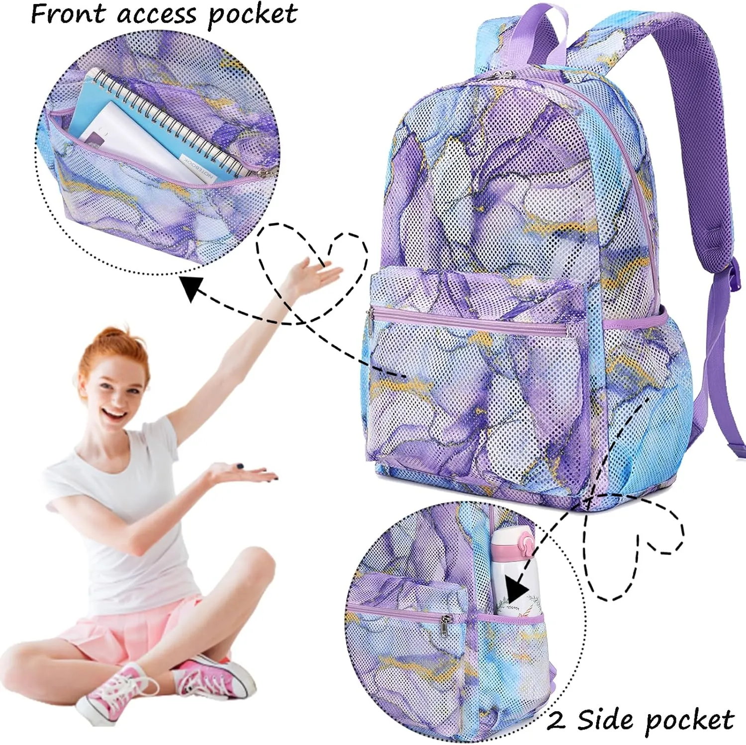 Jumpopack Mesh Backpack for Girls Mesh School Backpack Kids Semi-Transparent Bookbag Lightweight See Through Backpack for Beach Gym Travel,Marble Blue