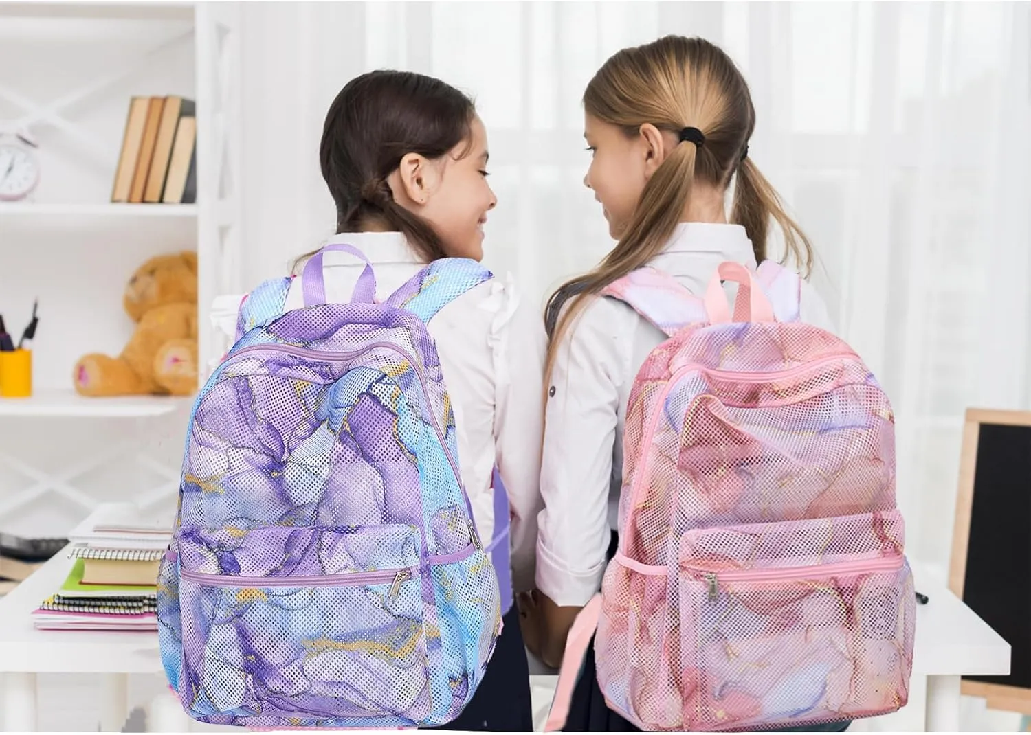 Jumpopack Mesh Backpack for Girls Mesh School Backpack Kids Semi-Transparent Bookbag Lightweight See Through Backpack for Beach Gym Travel,Marble Blue