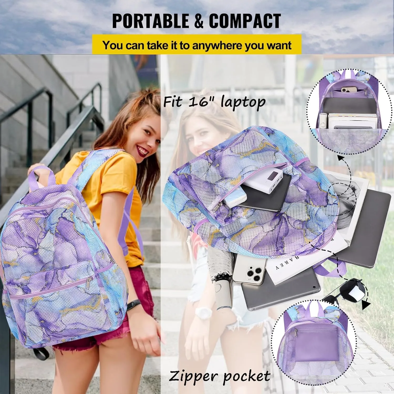 Jumpopack Mesh Backpack for Girls Mesh School Backpack Kids Semi-Transparent Bookbag Lightweight See Through Backpack for Beach Gym Travel,Marble Blue