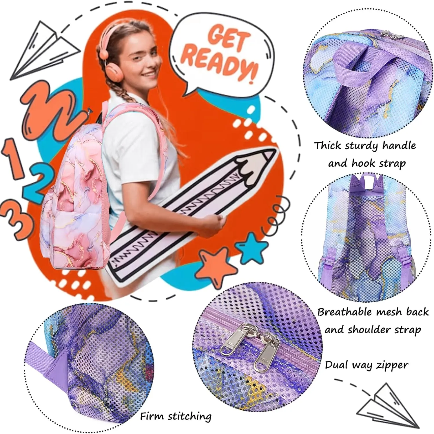 Jumpopack Mesh Backpack for Girls Mesh School Backpack Kids Semi-Transparent Bookbag Lightweight See Through Backpack for Beach Gym Travel,Marble Blue