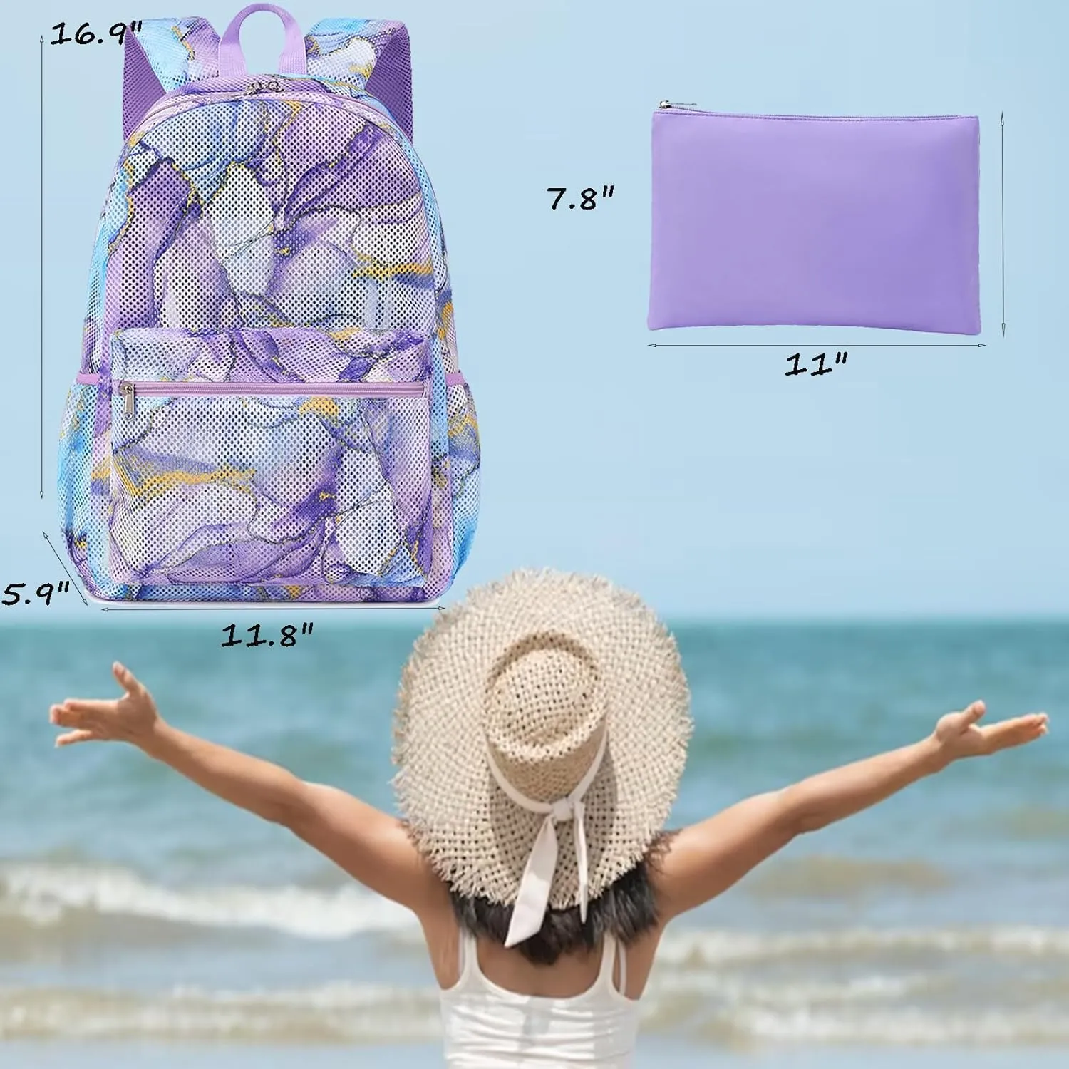 Jumpopack Mesh Backpack for Girls Mesh School Backpack Kids Semi-Transparent Bookbag Lightweight See Through Backpack for Beach Gym Travel,Marble Blue