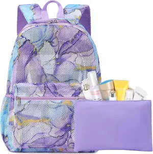 Jumpopack Mesh Backpack for Girls Mesh School Backpack Kids Semi-Transparent Bookbag Lightweight See Through Backpack for Beach Gym Travel,Marble Blue