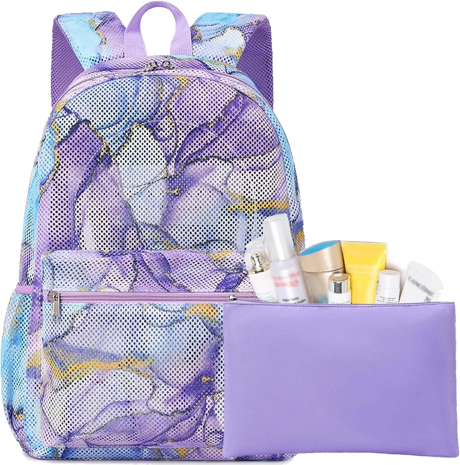 Jumpopack Mesh Backpack for Girls Mesh School Backpack Kids Semi-Transparent Bookbag Lightweight See Through Backpack for Beach Gym Travel,Marble Blue