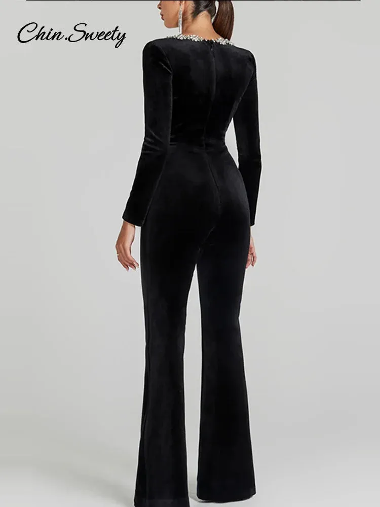 Jumpsuit Collar Gown Black Jumpsuits Christmas Piece Energy-efficient Women Velvet Flash sale Square Evening For Party Long Sleeve Full Beaded One Length