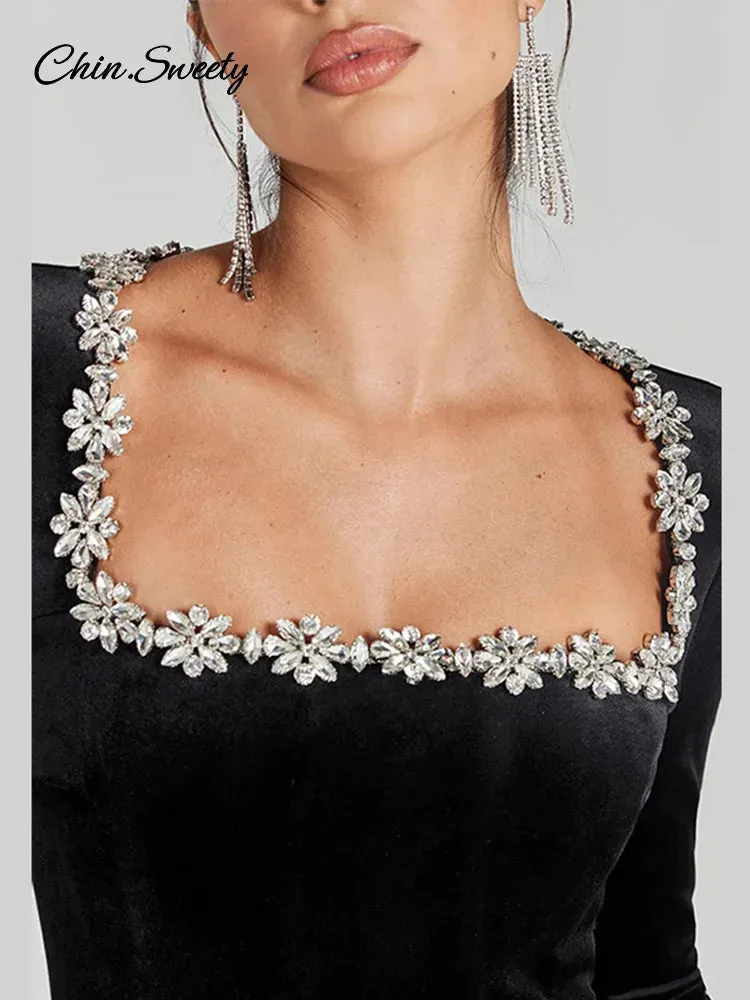 Jumpsuit Collar Gown Black Jumpsuits Christmas Piece Energy-efficient Women Velvet Flash sale Square Evening For Party Long Sleeve Full Beaded One Length
