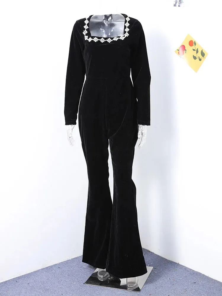 Jumpsuit Collar Gown Black Jumpsuits Christmas Piece Energy-efficient Women Velvet Flash sale Square Evening For Party Long Sleeve Full Beaded One Length
