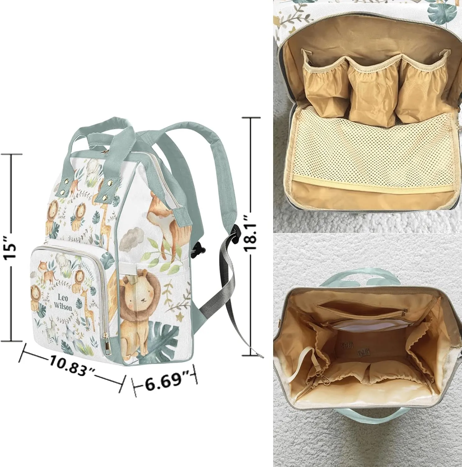 Jungle Lion Tiger Animals Crown Safari Leaves Personalized Name Diaper Bag Backpack,Custom Travel DayPack for Nappy Mommy Bag Gift