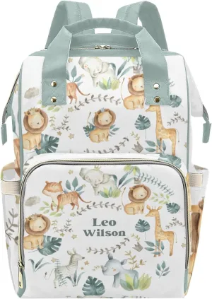 Jungle Lion Tiger Animals Crown Safari Leaves Personalized Name Diaper Bag Backpack,Custom Travel DayPack for Nappy Mommy Bag Gift
