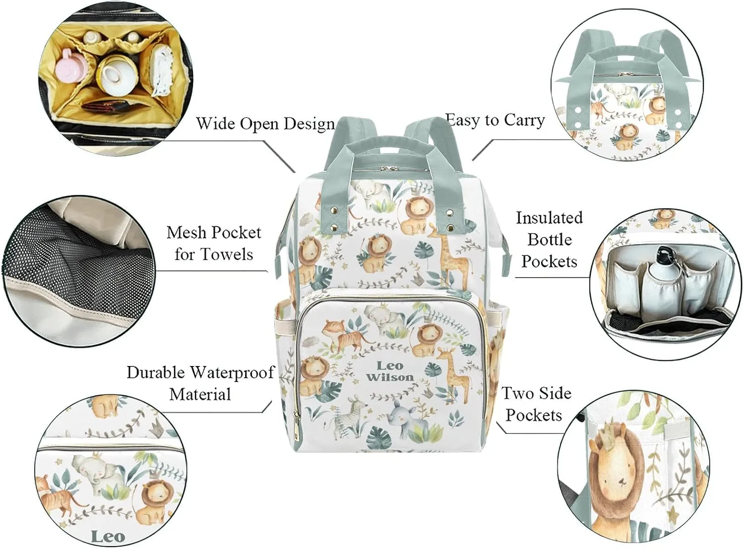Jungle Lion Tiger Animals Crown Safari Leaves Personalized Name Diaper Bag Backpack,Custom Travel DayPack for Nappy Mommy Bag Gift