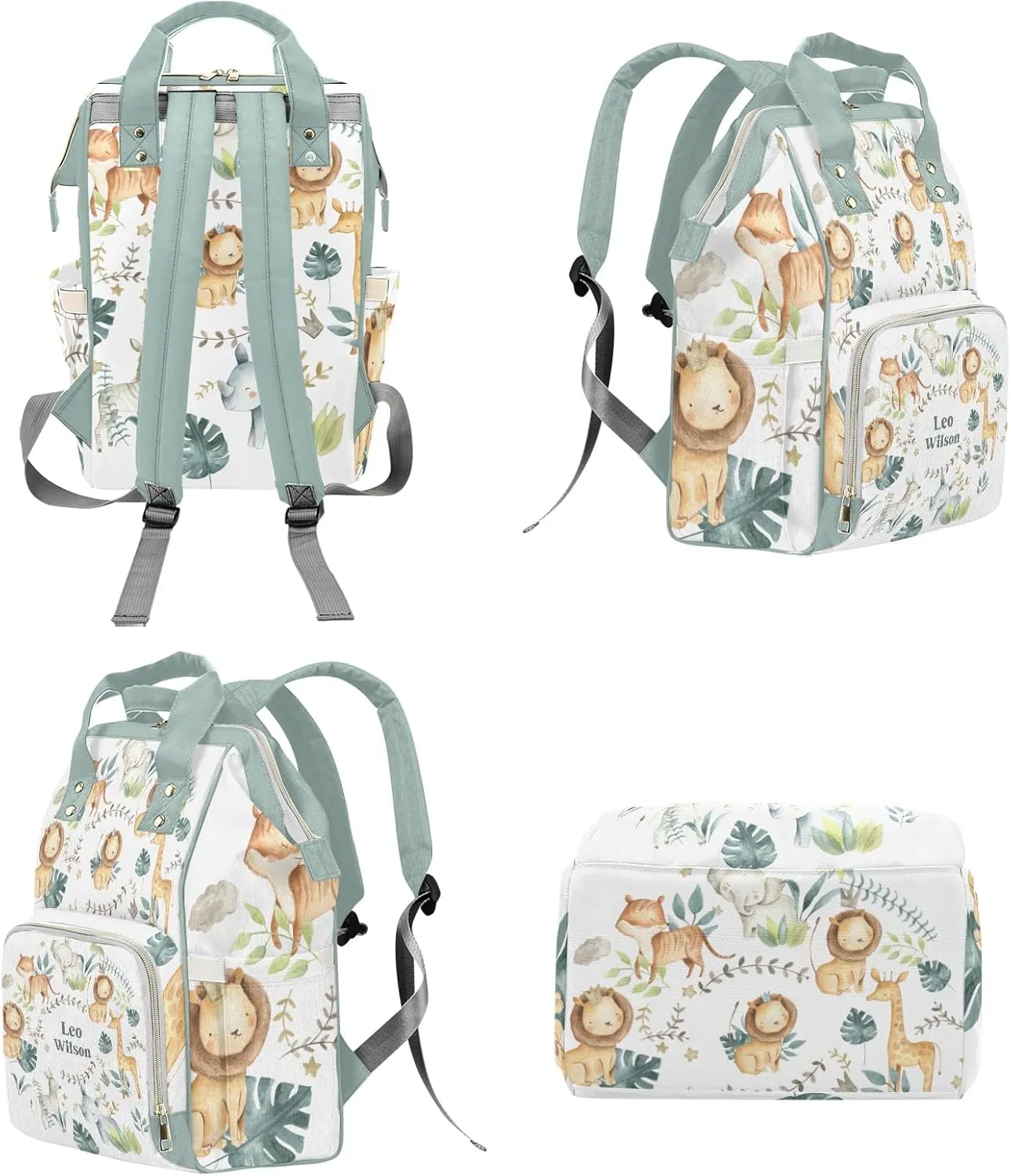 Jungle Lion Tiger Animals Crown Safari Leaves Personalized Name Diaper Bag Backpack,Custom Travel DayPack for Nappy Mommy Bag Gift