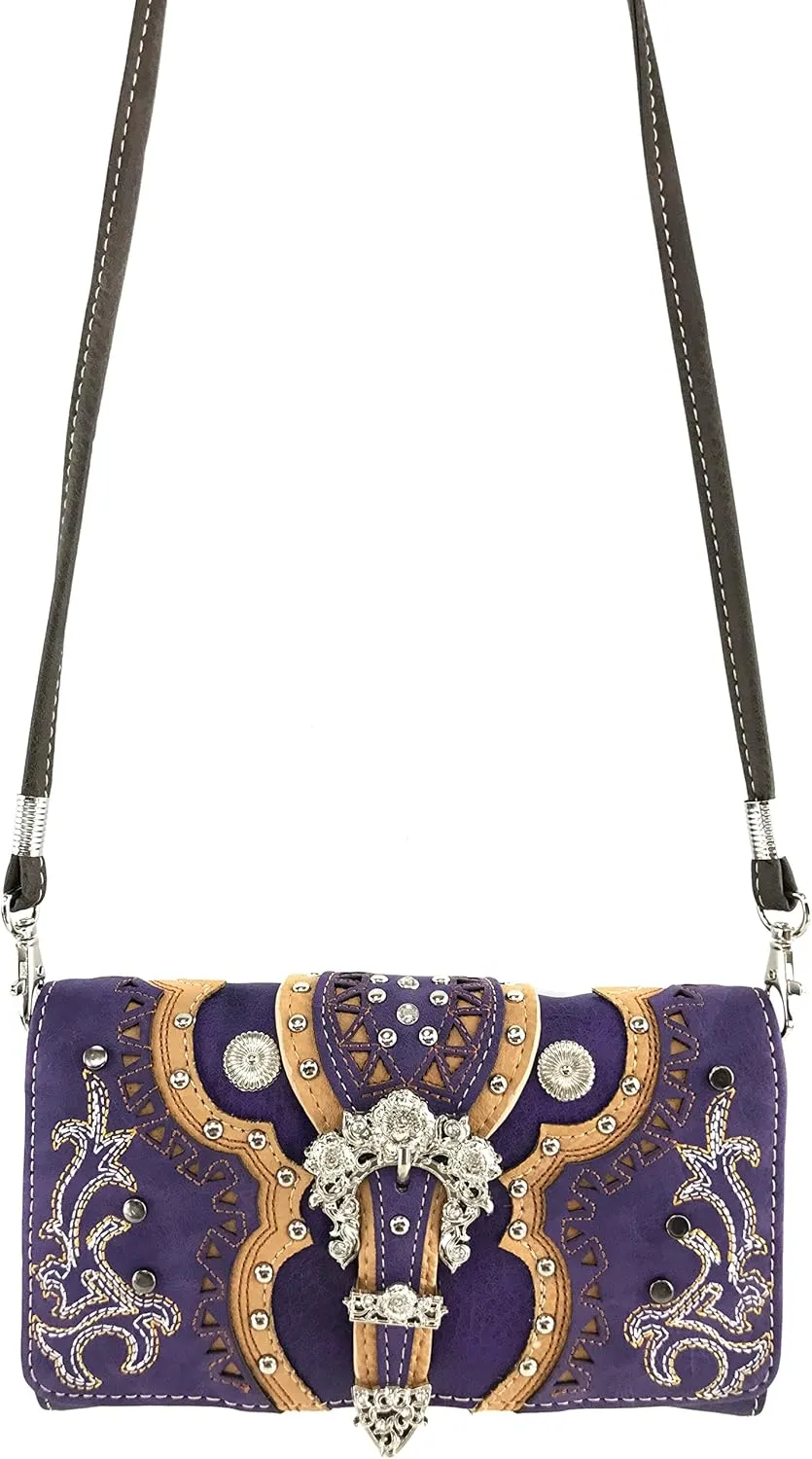 Justin West Concealed Carry Western Flower Buckle Embroidered Studded Messenger