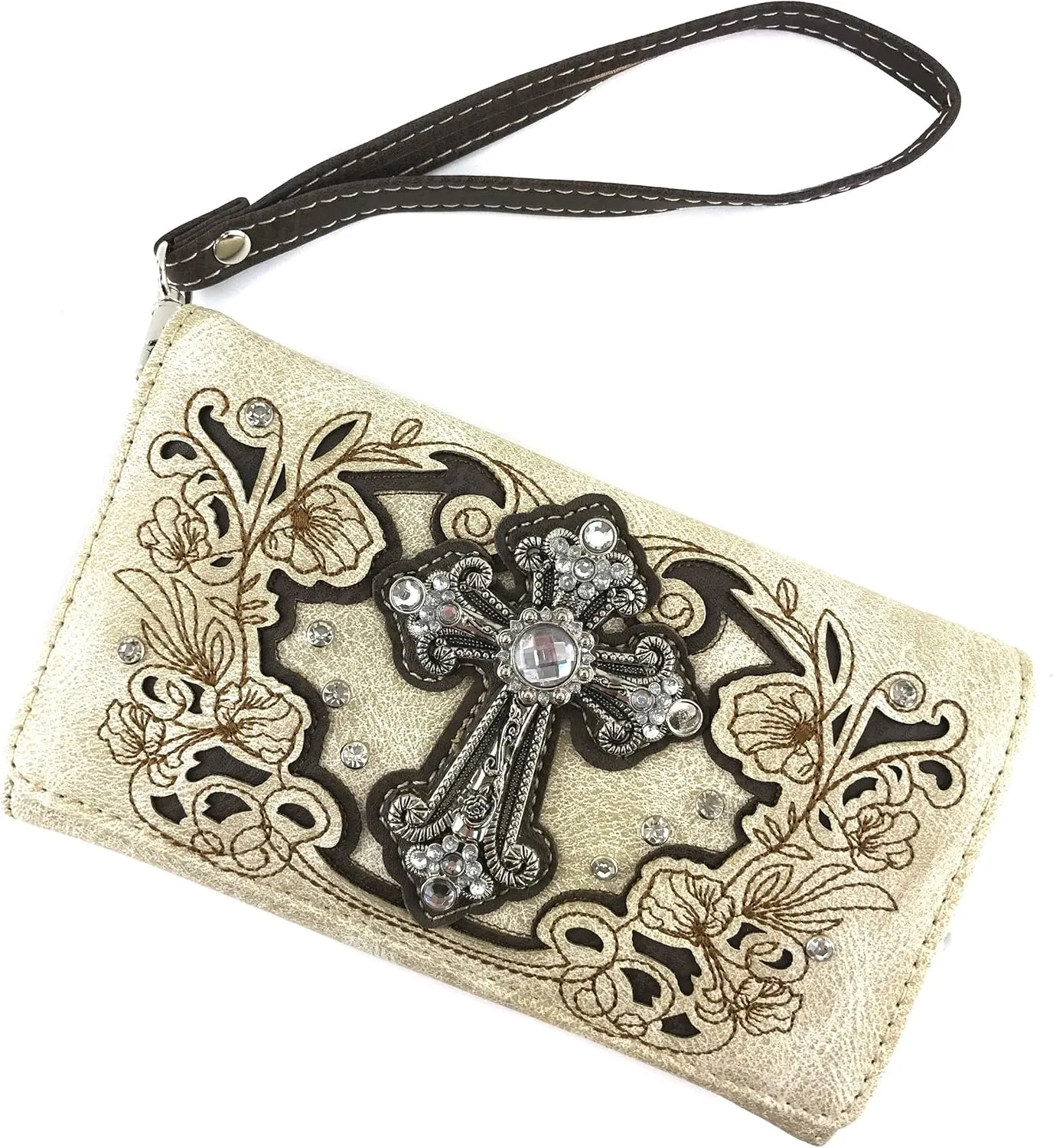Justin West Embroidery Floral Glitter Bling Rhinestone Cross Shoulder Concealed Carry Handbag Purse Trifold Wallet