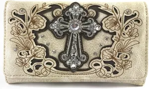 Justin West Embroidery Floral Glitter Bling Rhinestone Cross Shoulder Concealed Carry Handbag Purse Trifold Wallet